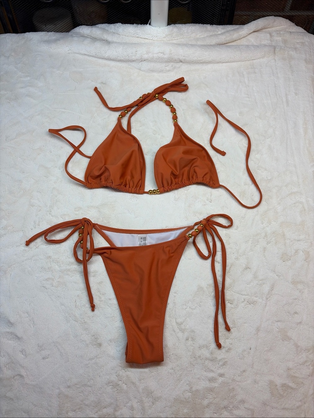 Women's Orange Solid 2-Piece Triangle Bikini Set Halter Beads Accent Sz M Cup B